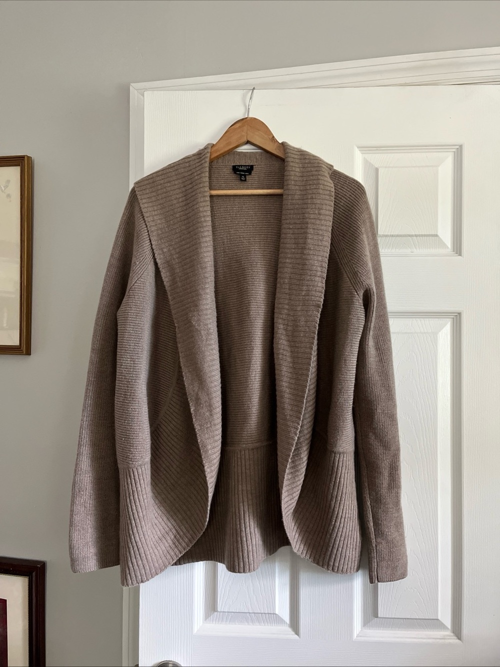 Talbot 100% merino wool  Open-Front Shawl Collar Cardigan Sweater - Taupe beige
